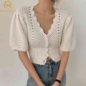 Women Solid Cardigan Korean Chic Tender Temperament V Neck Single Breasted Waist Short Puff Sleeve Hollow Out Woman Tops 210506
