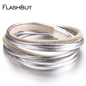 Rhinestones Leather Bracelets for Women Simple Multilayer Magnet Wrap Bangles Fashion Costume Jewellery Gift
