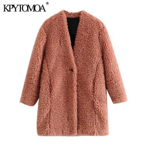 Mulheres Moda Grosso Quente Faux Pele Teddy Casaco Vintage Manga Longa Bolsos Feminino Outerwear CHIC Overcoat 210416