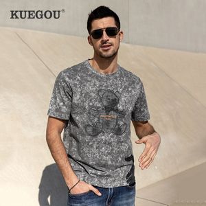 Kuegou 100% Cotton Spring Cartoon Bear Brodery Mens T-shirt Kort ärm Vit T-shirt Summer Toptee Pink Plus Size 40031 210524