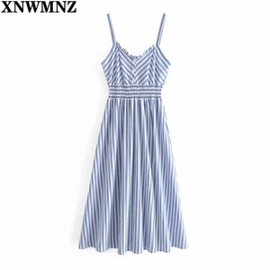 Blue Striped Long Summer Dress Women Ruffle Sleeveless Straps Sundress Female Smocked Elastic Waist Elegant Dresses 210520