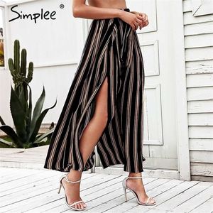 Split Striped Lady Wide Benbyxor Kvinnor Sommarstrand Hög midja Byxor Chic Streetwear Sash Casual S Kvinna 211115