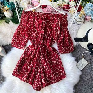 Off Shoulder Boho Skriv ut Kort Jumpsuit Summer Women Fashion Ruffle High Waist Rompers Girl Beach Holiday 210519