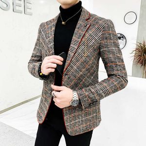 Brittisk stil plaid blazer för män kostym jacka casual woolen bröllop klänning kappa singel affärer manlig knapp veste kostym homme 210527