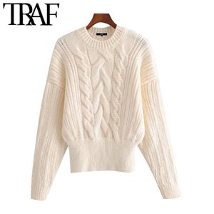 Women Fashion With Ribbed Trims Cable-Knit Sweater Vintage O Neck Long Sleeve Female Pullovers Chic Tops 210507