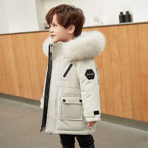 Real Fur White Duck Down Winter Children Midi Length Jacket Warm Kids Boys Thicken Coat Hooded Baby Snowsuit #6643 211203