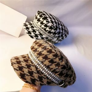 classic houndstooth Ceramic white beads rhinestone gold button Berets women visors cap