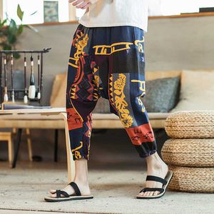 Streetwear Cotton Linen Casual Trousers Mens Baggy Pants Fashions Printed Loose Ankle-Length Harem Pants Men Hip Hop Joggers X0723