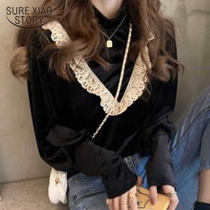 Bahar Tatlı Moda Bluz Siyah Dantel Gömlek Kadın Sonbahar Altın Kadife Kore Tarzı Uzun Kollu Kadın Blusas Tops 12494 210527