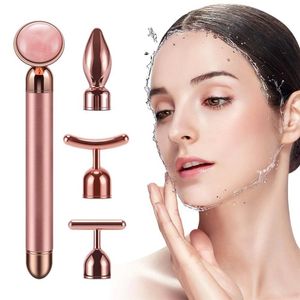 Face Massager 4 in 1 24k Golden Electric Jade Massage Roller Lifting Vibrating Natural Rose Quartz Jade Roller Facial Beauty Tool Tightening Face Firming