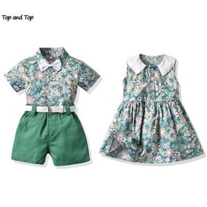 Üst ve üst Moda Hawaii Erkek ve Kız Kardeş Eşleştirme Kıyafetler, Çocuk Erkek Beyefendi Giyim Setleri + Kızlar Çiçek Prenses Elbise X0902