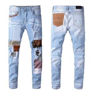 Jeans masculinos 2023 Calças masculinas Hip-hop Sobrepor a marca High Street Fashion Jeans Jeans Retro Torn Fold Stitching Designer Motorcycle Riding Slim Tamanho 28 ~ 38