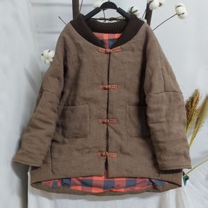 Johnature Vintage Roupa De Café Parkas para Mulheres Inverno Botão Bolsos Casacos Estilo Chinês Espesso Original Feminino Parkas 210521