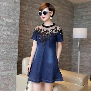 Fashion Denim Dress Women Summer Hollow Out lady Short Sleeve Sexy Party Casual Jeans Loose Knee-Length Girl es 178B6 210420