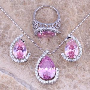 Earrings & Necklace Pink White CZ Silver Plated Jewelry Sets Pendant Ring Size 6 / 7 8 9 10 S0003