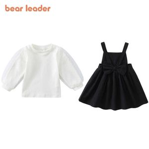 Bear Leader Baby Girls Koreanska Mode Kläder Satser Höst Kids Causal T-shirt och Suspender Dress Outfit 2pcs Barnkläder 210708