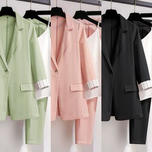 Women Blazer suit for Spring Autumn Lady Blazer Jacket +Long Pant Female Outerwear Elegant Ladies Coat Plus size M-4XL X0522