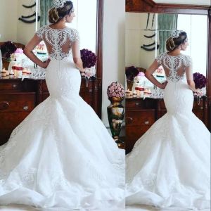 Plus Size Mermaid Wedding Dresses Bridal Gown Short Sleeves Lace Applique Sexy Illusion Covered Buttons Back Sweep Train Tulle Vestido De Novia 403