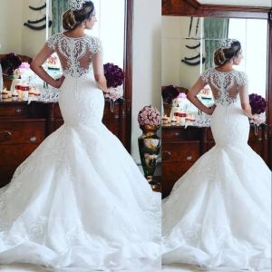 2022 Plus Size Mermaid Wedding Dresses Bridal Gown Short Sleeves Lace Applique Sexy Illusion Covered Buttons Back Sweep Train Tulle Vestido De Novia 403 403