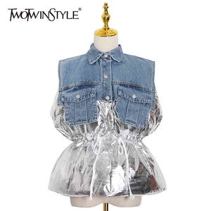 Drawstring Patchwork Denim Vest för Kvinnor Lappa Ärmlös Casual Loose Cotton Coat Kvinna Vinter Fashion 210524