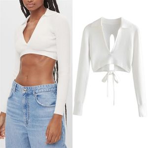 White V Neck Sweater Woman Jerseys Long Sleeve Crop Top Women Fashion Backless Sexy Tied Hem Chic Pullover 210519