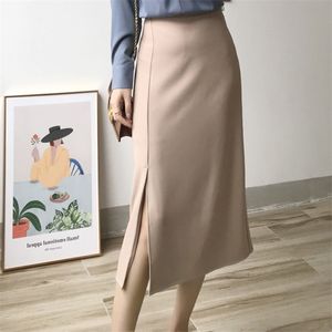 HELIAR Women Solid A-line High Waist Female Bodycon Elegant Split Midi Plain Office Lady Skirts Summer 210401