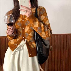 Frühling Retro Argyle Lose Oansatz Plaid Süße Sanfte Gestrickte Strickjacken Frische Pullover Mantel Tops 210525