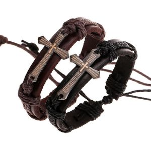 Bracciale vintage in pelle marrone con croce nera per uomo donna Braccialetti con gioielli religiosi cristiani di Gesù