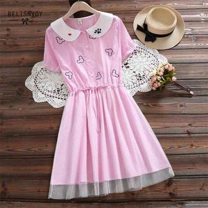 Mori Girl Summer Women Dress Peter Pan Collar Krótki rękaw Mesh Patchwork Vestidos Femme Haft Blue Różowy Paski 210520