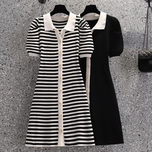 Casual Dresses Summer Elegant Striped Knitted Sweater Dress Women Korean Single Breasted Mini Vintage Robe Femme Pull Vestidos