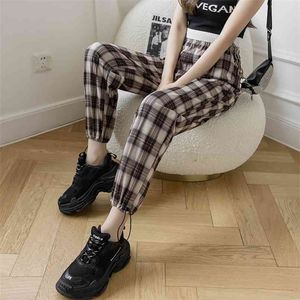 Lato Koreański Japoński Plaid Wysokiej Talii Spodnie Spodnie Kobiety Spodnie Dresy Harajuku Joggers Elastyczna Harem 210507