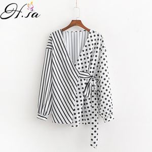 H.Sa Sexy Polka Dot Bluzka Kobiety Biuro Lady Długie Rękaw Koszula Czarny Biały Moda Luźne Eleganckie Patchwork Sashes Blusa Topy 210417