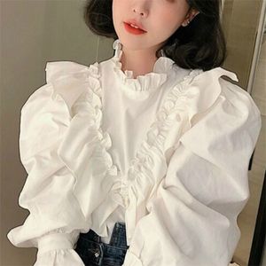 Chic Ruffles Camicette da donna Fashion Solid White Stand Collar Slim Shirt Office Lady Coreano Primavera Autunno Blusas 210601