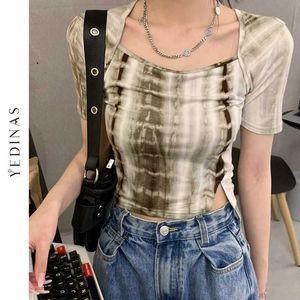 Yedinas Summer Fashion Tie Dye Slim Cropped Tops Women Square Collar Split Design T-shirt Chic Korean Y2k Aesthetic E Girl 210527
