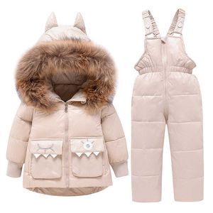 1-5 Years Kids Baby Snowsuit Lovely Dinosaur Boys Girls Skiing Suit 2pcs Hooded Down Jackets+Jumpsuit Winter Children Clothes H0909