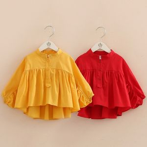 Kids Tops Spring Autumn Fashion Baby Children Mandarin Collar Solid Color Long Sleeve School Girls Blouses Shirt 210701