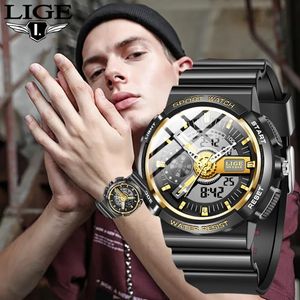 Наручные часы Lige G Стиль Мужчины Часы Цифровой кварц Двойной дисплей Удароженные водонепроницаемые Военные армии спортивные часы