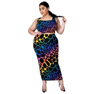 Tie Dye 2 Piece Sets Kvinnor Kjolar Sommar Fashion Crop Top och Sheath Midi Dresses Partihandel Plus Storlekskläder 210525