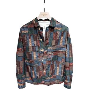 봄과 가을 남자 패션 기하학적 패턴 꽃 셔츠 청년 남자 잘 생긴 느슨한 캐주얼 재킷 하와이 꽃 문자 인쇄 비치 셔츠 남자 세트