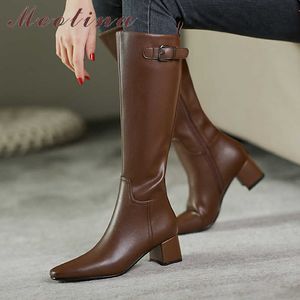 Meotina Med Face Knee High Boots Square Toe Woman Boots Zip Block Shoe Boots Пряжки Дамы длинные сапоги осень зима коричневый черный 210608