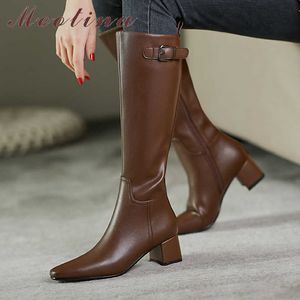 Meotina Med Heel Knee High Boots Square Toe Woman Boots Zip Block Heel Shoes Buckle Ladies Long Boots Autumn Winter Brown Black 210608