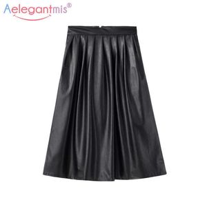 Aelegantmis Long Pleated Leather Skirt Women Black High Waist s Autumn Female Vintage Sexy With Pocket 210607