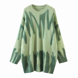 Elegante Verde Print Striped Pullovers Mulheres O-pescoço Solto Longo Suéter Streetwear Outerwear Quente 2021 Y1110