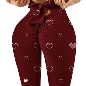 Bow-knot Workout Fitness Gym Yoga Leggings Love Printed High Waist Athletic Tights Women Pants Red Running Sports Wear Outfit