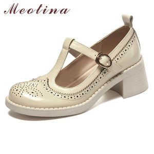 Meotina T-Strap Women Pumps Cow Leather Paltform High Heel Shoes Round Toe Cutouts Dress Footwear Lady Thick Heels Buckle Shoes 210520