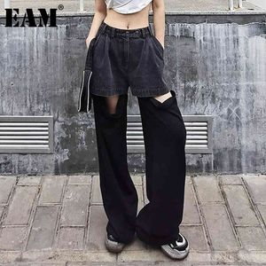 [EAM] High Waist Black Casual Denim Hollow Out Long Trousers Loose Fit Pants Women Fashion Spring Summer 1DD8796 210512