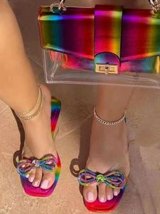 Slippers Neon Jelly Purses And Slide Set Rainbow Bow Flip-flops Handbags Rhinestone Flat Slipper Bag Fashion Womens Shoes 2021