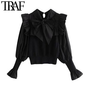 Trafik Kvinnor Söt Fashion Patchwork Ruffle Trimmer Stickade Blusar Vintage Bow Bundet Långärmad Kvinnor Chic Toppar 210415