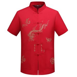 Camisas informales para hombre, ropa Tang tradicional china, Top con cuello mandarín, ropa Wing Chun, camisa de dragón bordada de manga corta, M-X