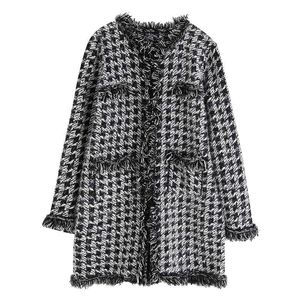 Vintage Tweed Open Stitch Woolen Jackor Kvinnor Mode Vinter V Neck Long Jacket Elegant Ladies Fickor Coats 210520